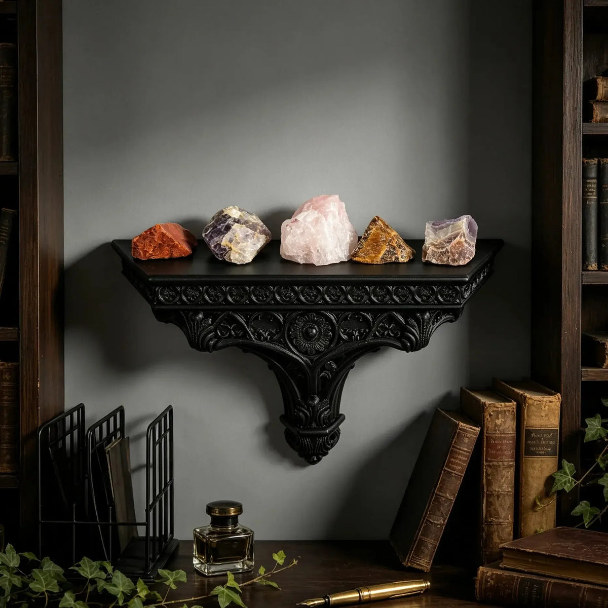 Cathedral wall shelf displaying a row of small crystals