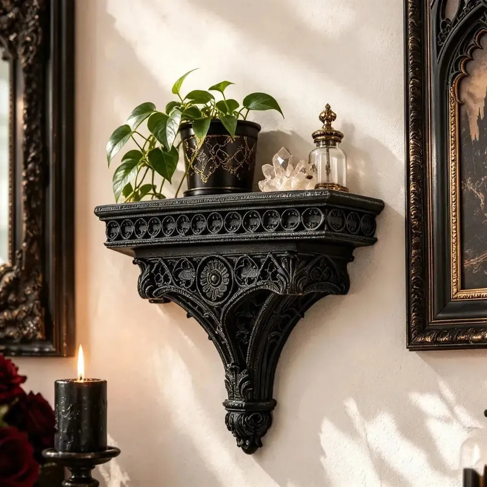 Cathedral wall shelf styled with a small plant and crystals