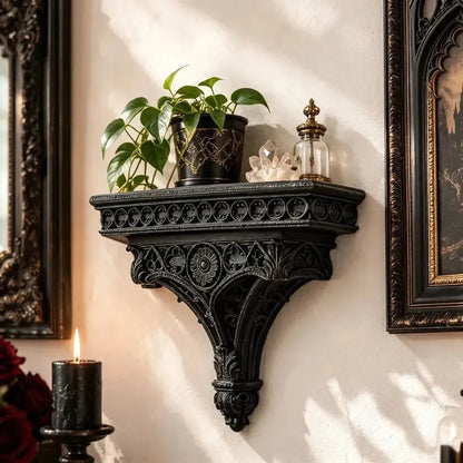 Cathedral wall shelf styled with a small plant and crystals