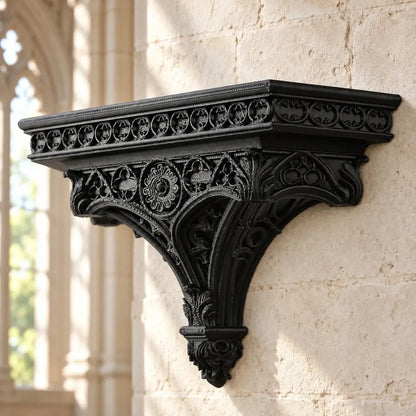 Gothic cathedral shelf angled view showing architectural relief in a bright gothic room