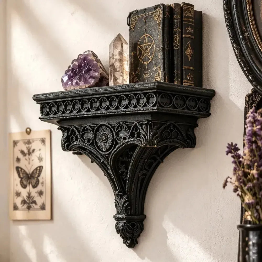 Gothic cathedral wall shelf styled with crystals and vintage books