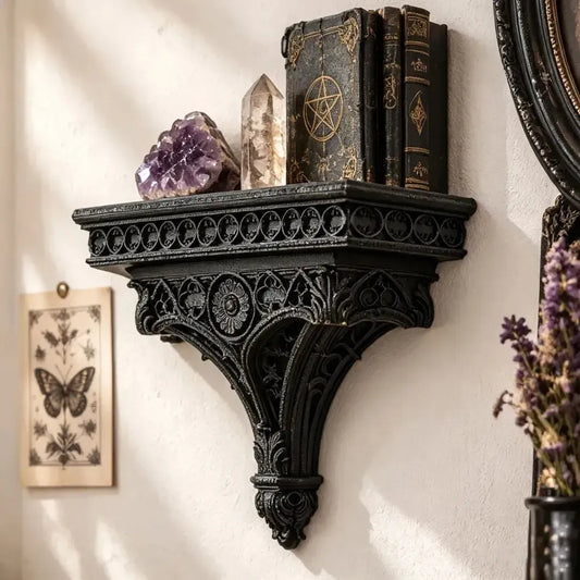 Gothic cathedral wall shelf styled with crystals and vintage books
