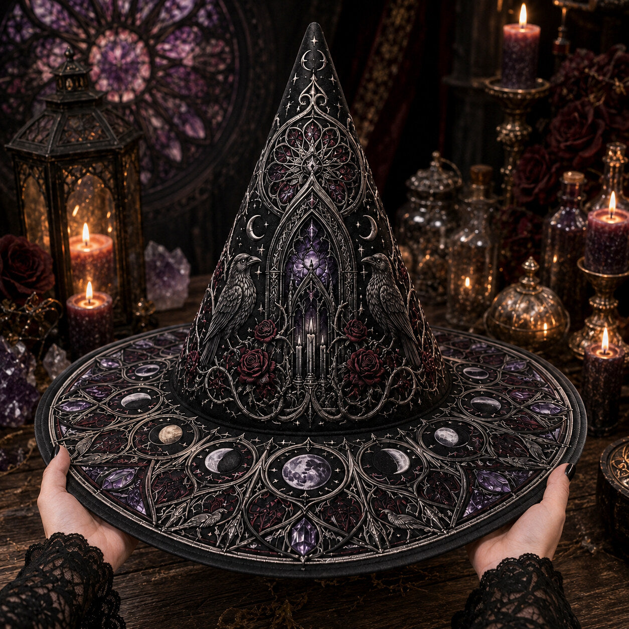 Gothic Cathedral Witch Hat – Celestial Moon Halloween Wide Brim Hat – on an altar table