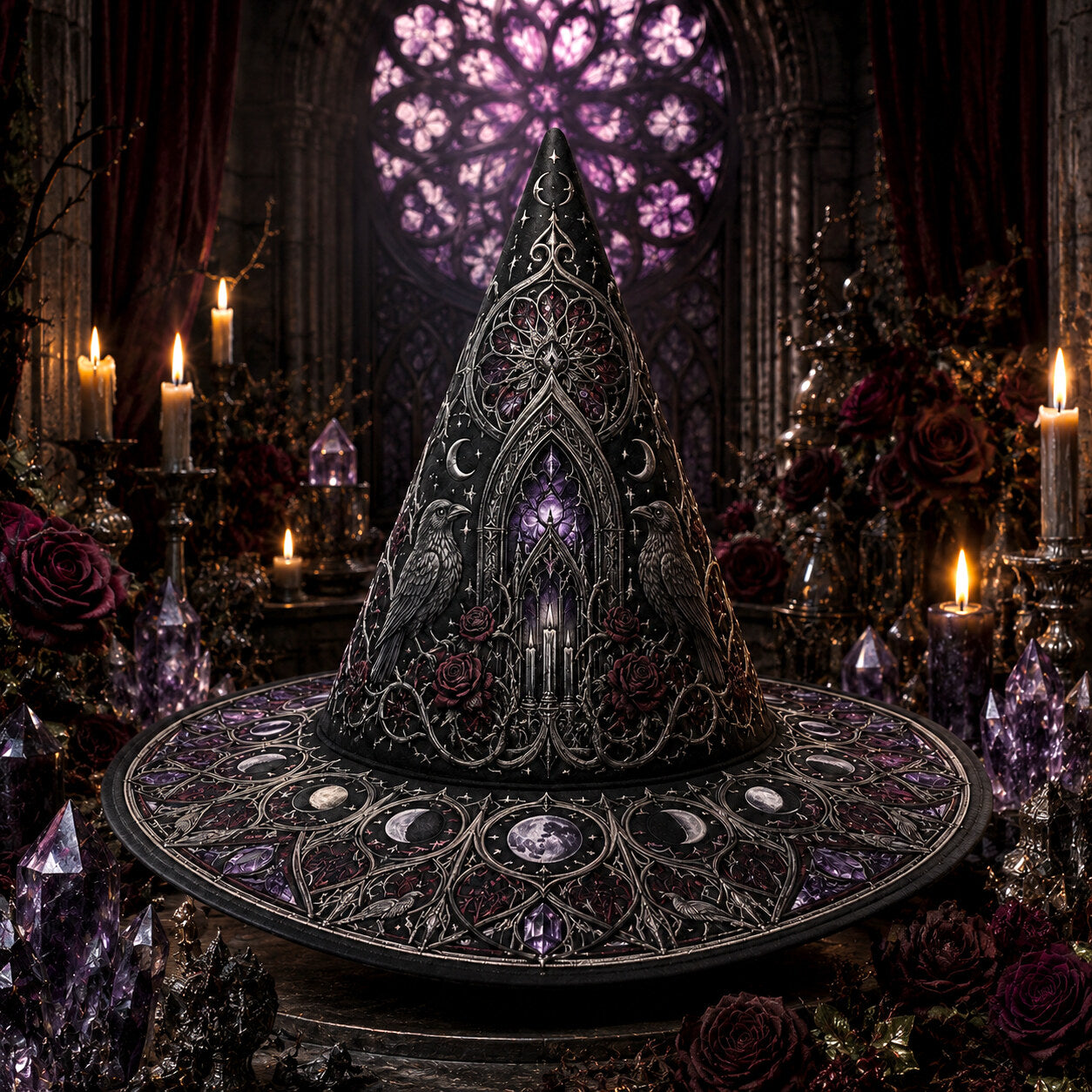 Gothic Cathedral Witch Hat – Celestial Moon Halloween Wide Brim Hat – styled with candles and crystals