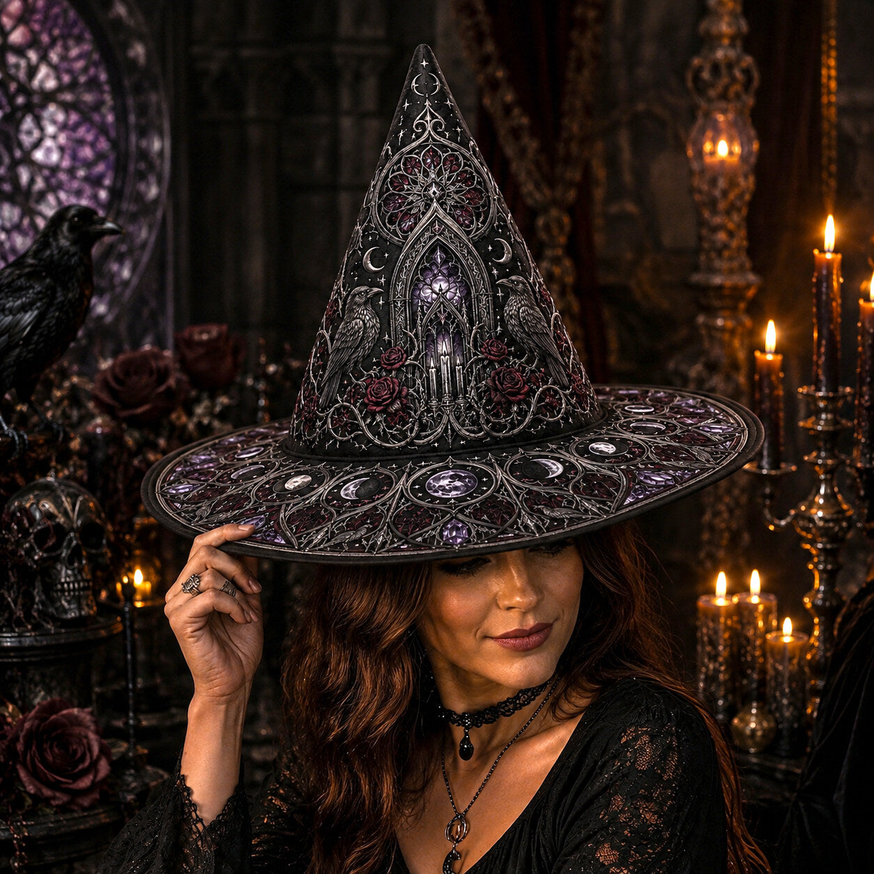 Gothic Cathedral Witch Hat – Celestial Moon Halloween Wide Brim Hat – worn, front view