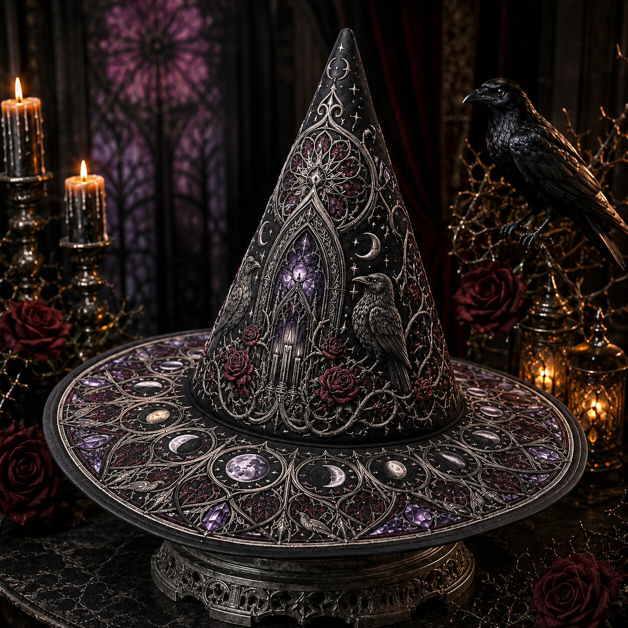 Gothic Cathedral Witch Hat – Celestial Moon Halloween Wide Brim Hat – quilting and print detail