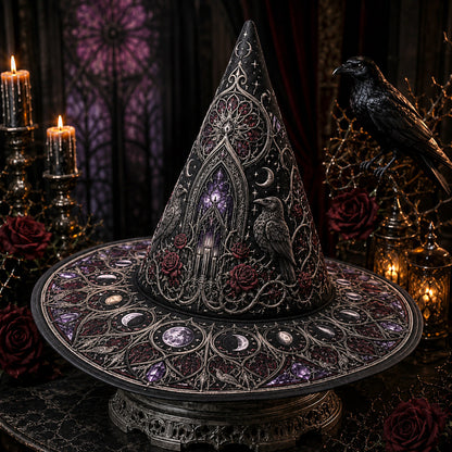 Gothic Cathedral Witch Hat – Celestial Moon Halloween Wide Brim Hat – quilting and print detail