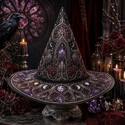 Gothic Cathedral Witch Hat – Celestial Moon Halloween Wide Brim Hat – held in both hands