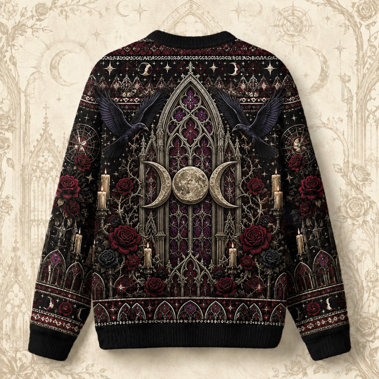 Gothic Cathedral Witch Sweater Rose Window Triple Moon Knit back view