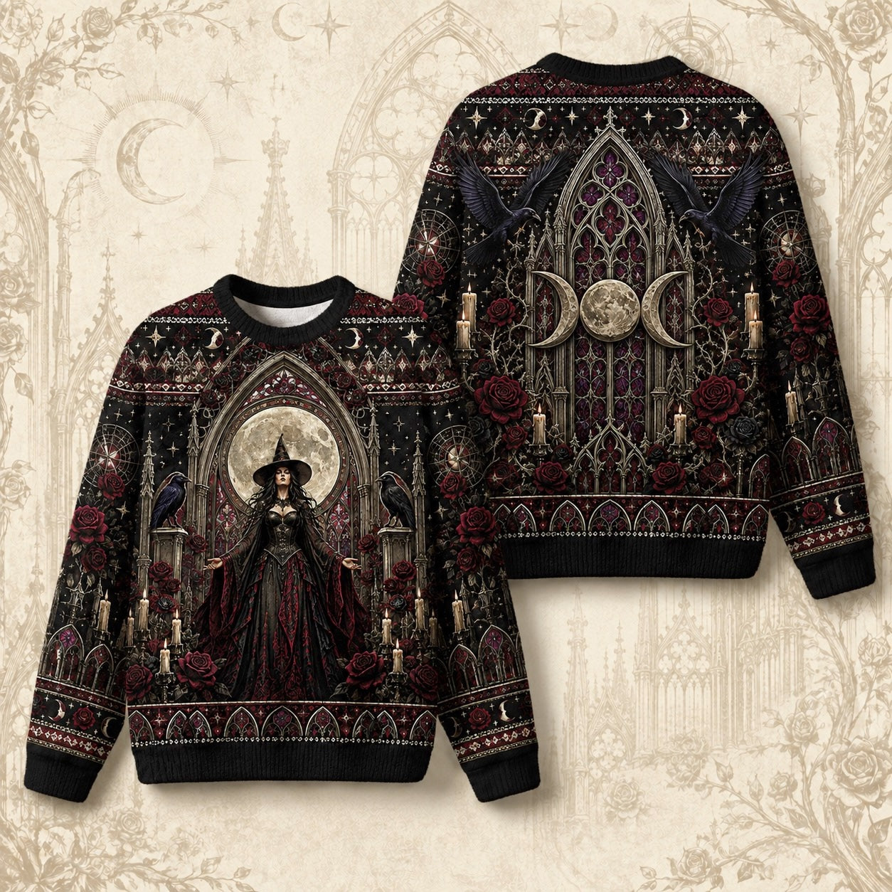 Gothic Cathedral Witch Sweater Rose Window Triple Moon Knit front and back together