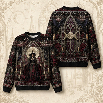 Gothic Cathedral Witch Sweater Rose Window Triple Moon Knit front and back together