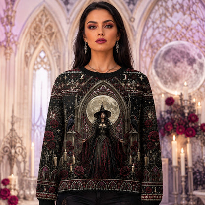 Gothic Cathedral Witch Sweater Rose Window Triple Moon Knit worn, front view