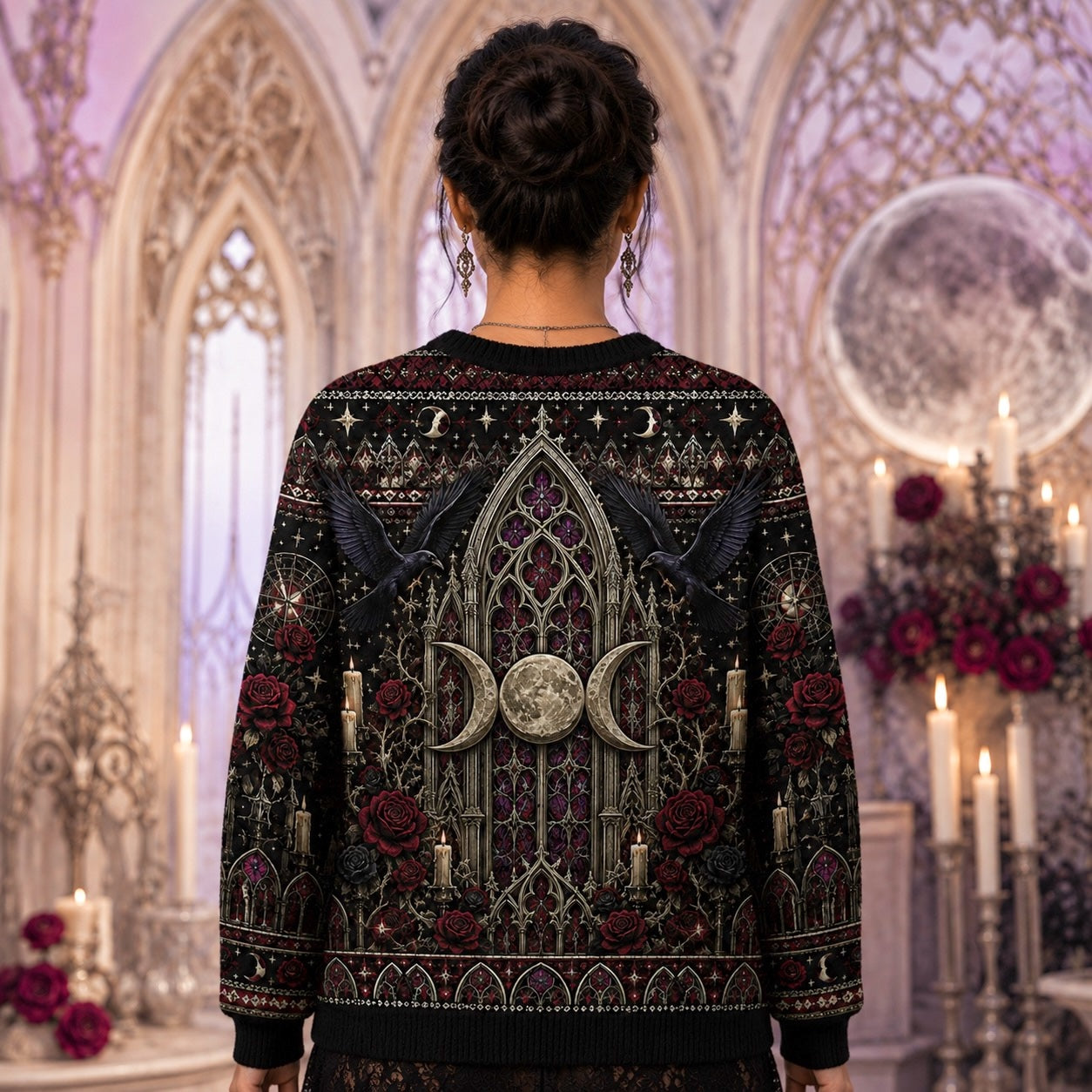 Gothic Cathedral Witch Sweater Rose Window Triple Moon Knit worn, back view