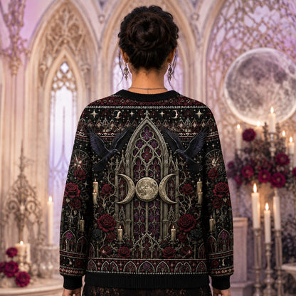 Gothic Cathedral Witch Sweater Rose Window Triple Moon Knit worn, back view