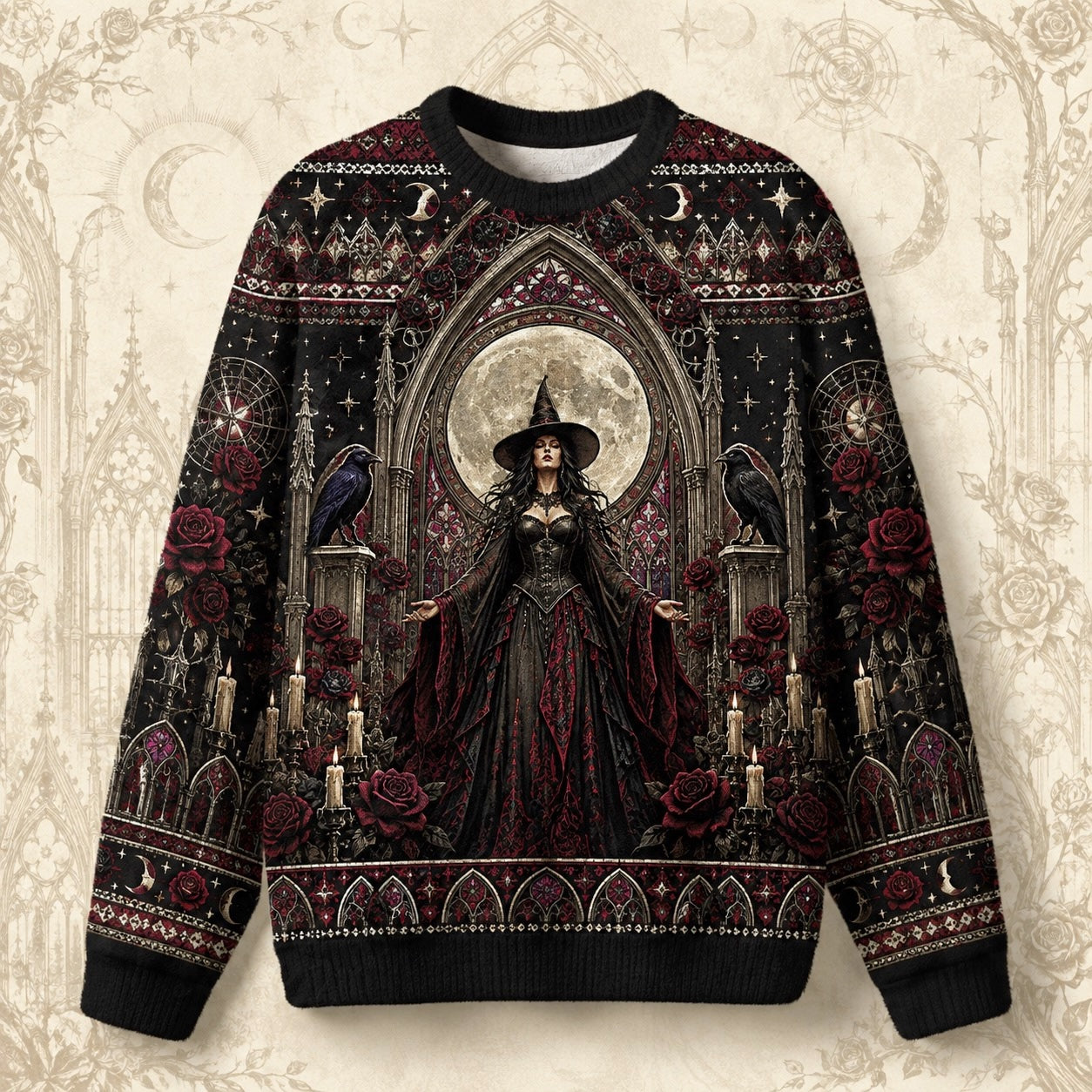 Gothic Cathedral Witch Sweater Rose Window Triple Moon Knit front view
