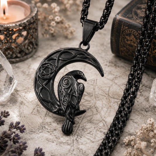 Black raven Celtic knot moon necklace on dark background – Pagan gothic ritual jewelry