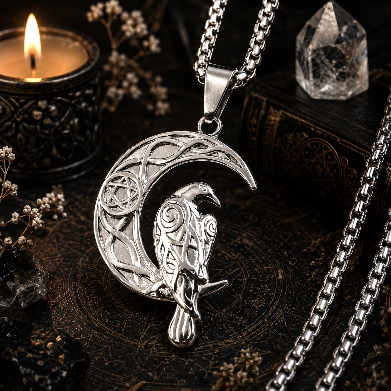 Gothic Celtic knot raven necklace gold finish – dark witchy Pagan amulet pendant