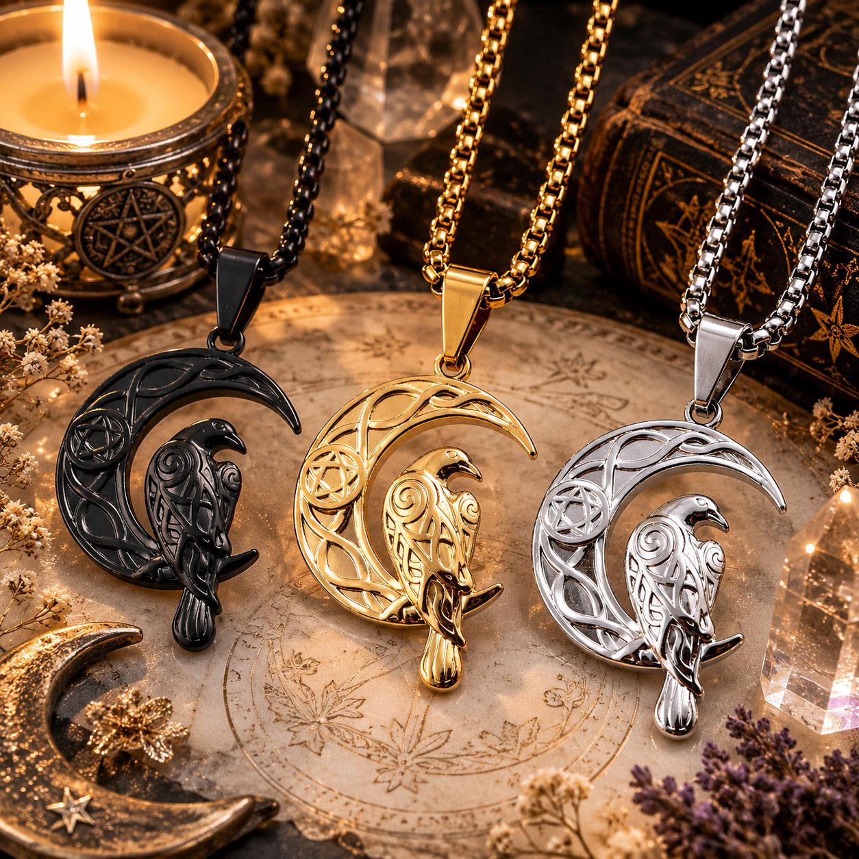 Gothic Celtic knot raven crescent moon pendant necklace – occult Wiccan witch jewelry