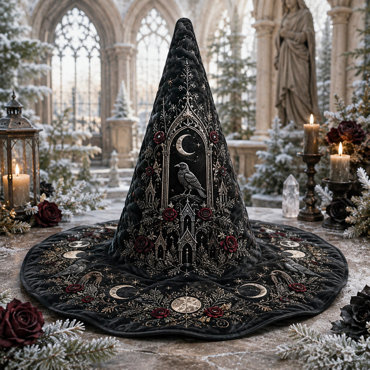 Gothic Chapel Witch Hat – Raven Rose Snow Celestial Brim Hat – on an altar table