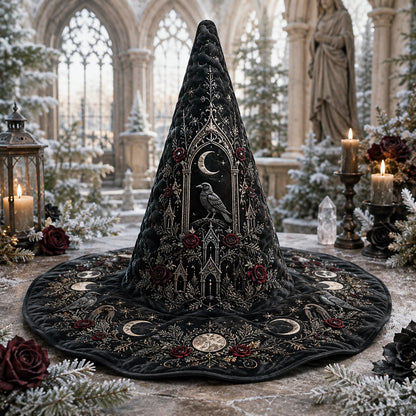 Gothic Chapel Witch Hat – Raven Rose Snow Celestial Brim Hat – on an altar table