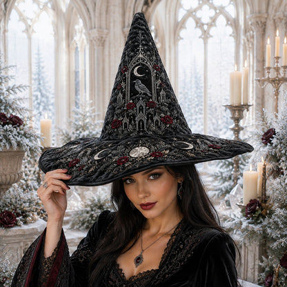 Gothic Chapel Witch Hat – Raven Rose Snow Celestial Brim Hat – worn, front view