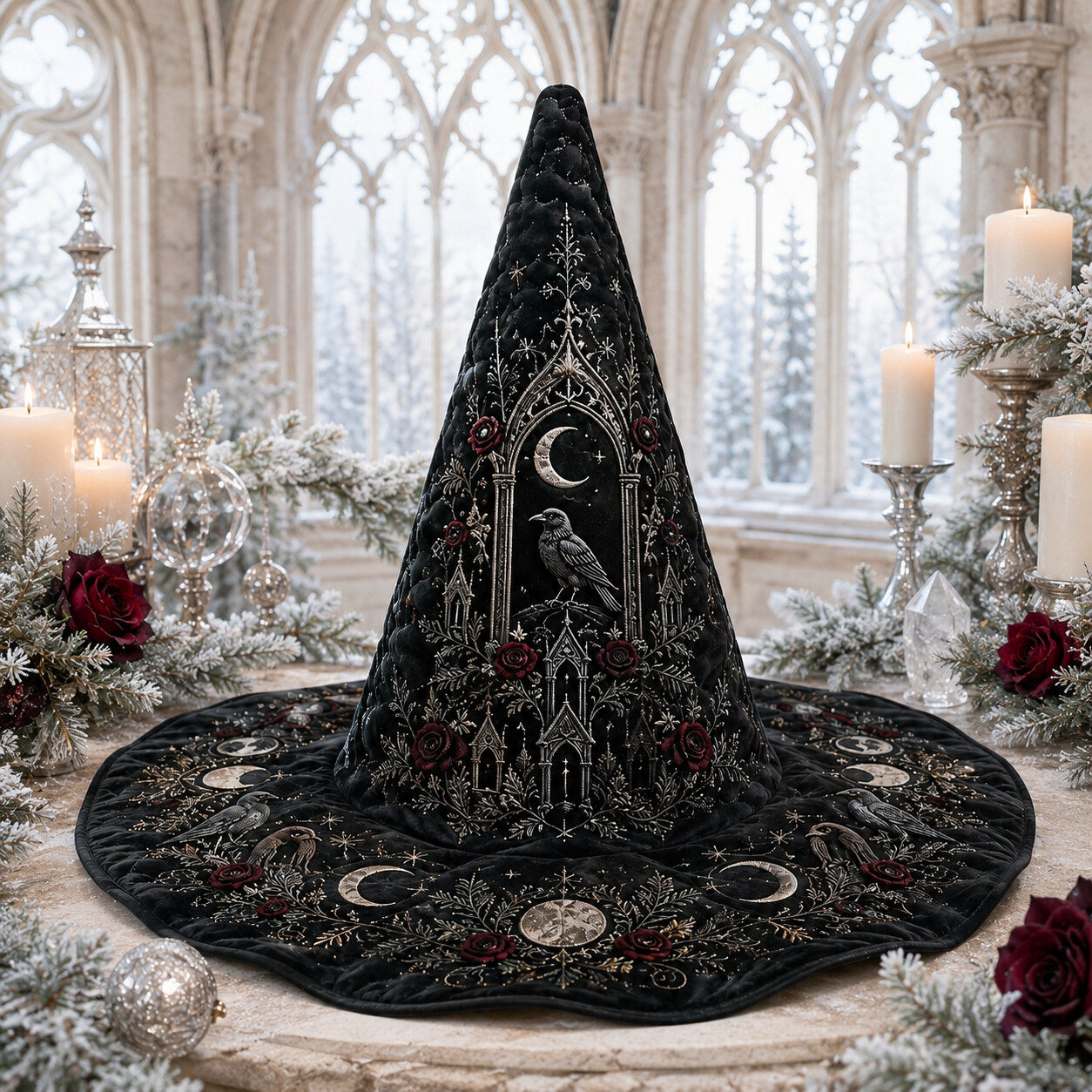 Gothic Chapel Witch Hat – Raven Rose Snow Celestial Brim Hat – quilting and print detail