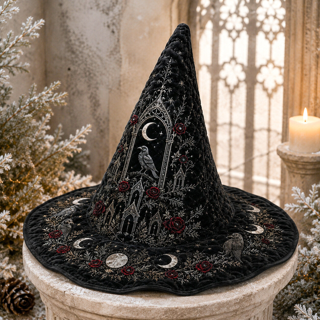 Gothic Chapel Witch Hat – Raven Rose Snow Celestial Brim Hat – held in both hands