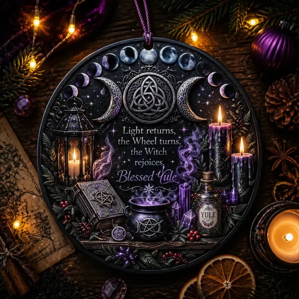 Gothic Christmas Ceramic Ornament with Moon Phase, Triple Moon – Halloween Style Wiccan Yule Ornament_mockup_3.webp