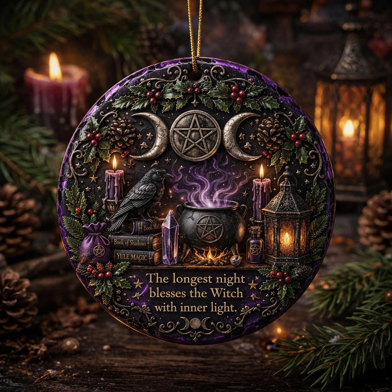 Gothic ceramic ornament with raven, triple moon, pentacle, cauldron, and Yule quote.