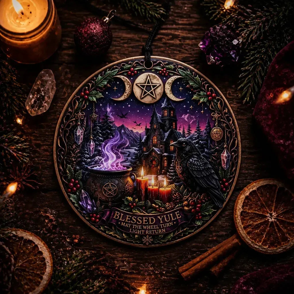 Gothic Christmas Ceramic Ornament with Triple Moon – Halloween Style Witchy Christmas Ornament_mockup_3.webp