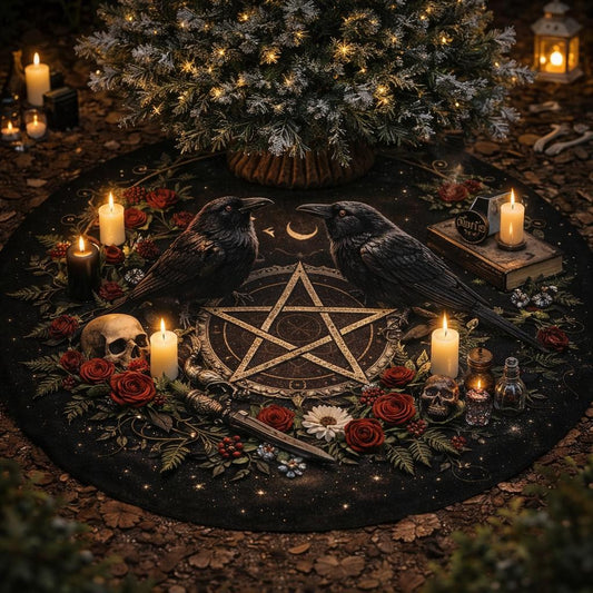Black velvet Gothic Christmas tree skirt with ravens, pentagram, red roses, skulls, and candles.