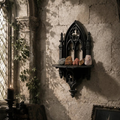 Church arch wall shelf – hollow cathedral window carved detail close-up