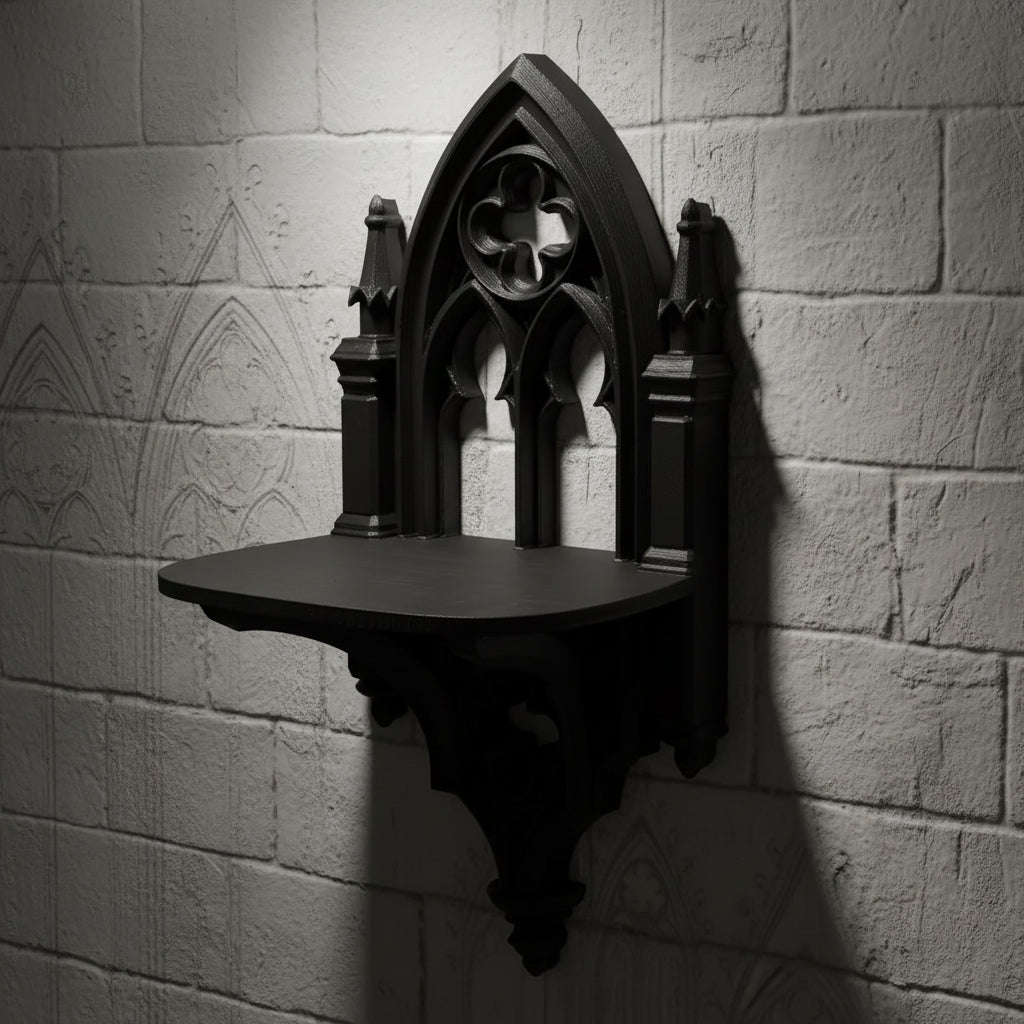 Gothic cathedral shelf – floating crystal display rack side view
