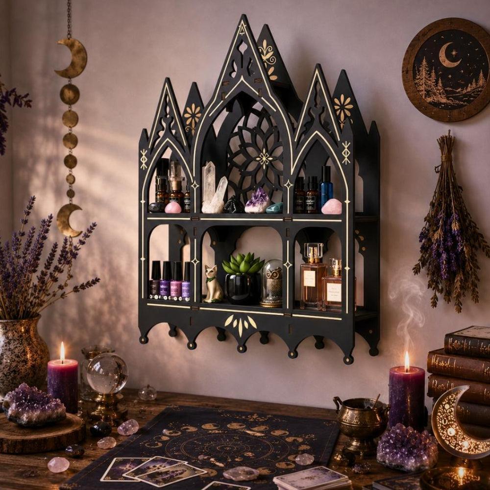 Gothic Church Crystal Display Shelf – Floating Wooden Wall Shelf for Crystals-MoonChildWorld