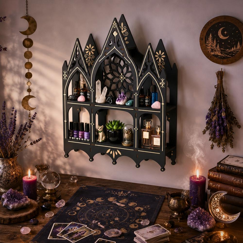 Gothic Church Crystal Display Shelf – Floating Wooden Wall Shelf for Crystals-MoonChildWorld