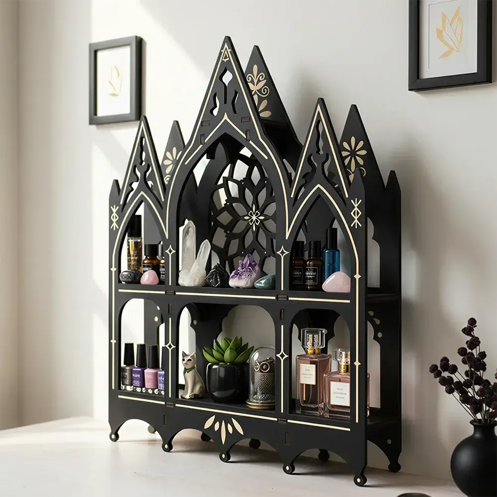 Gothic church crystal display shelf – floating wooden wall shelf for crystals