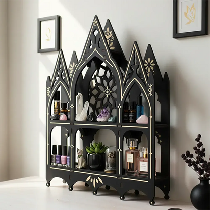 Gothic church crystal display shelf – floating wooden wall shelf for crystals