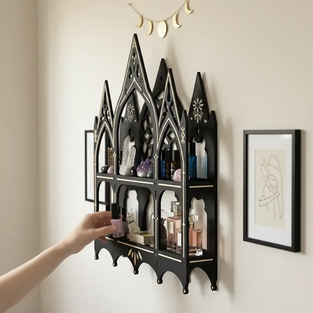 Gothic church shelf – pointed arch tracery detail close-up
