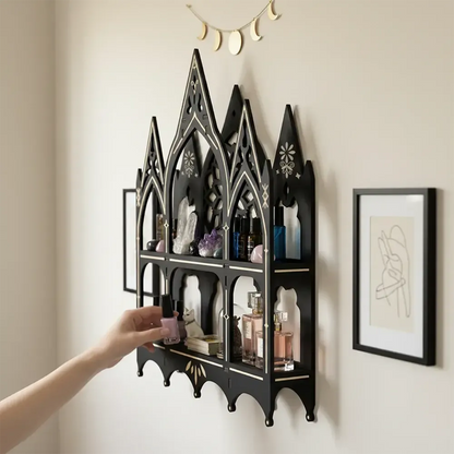 Gothic church shelf – pointed arch tracery detail close-up