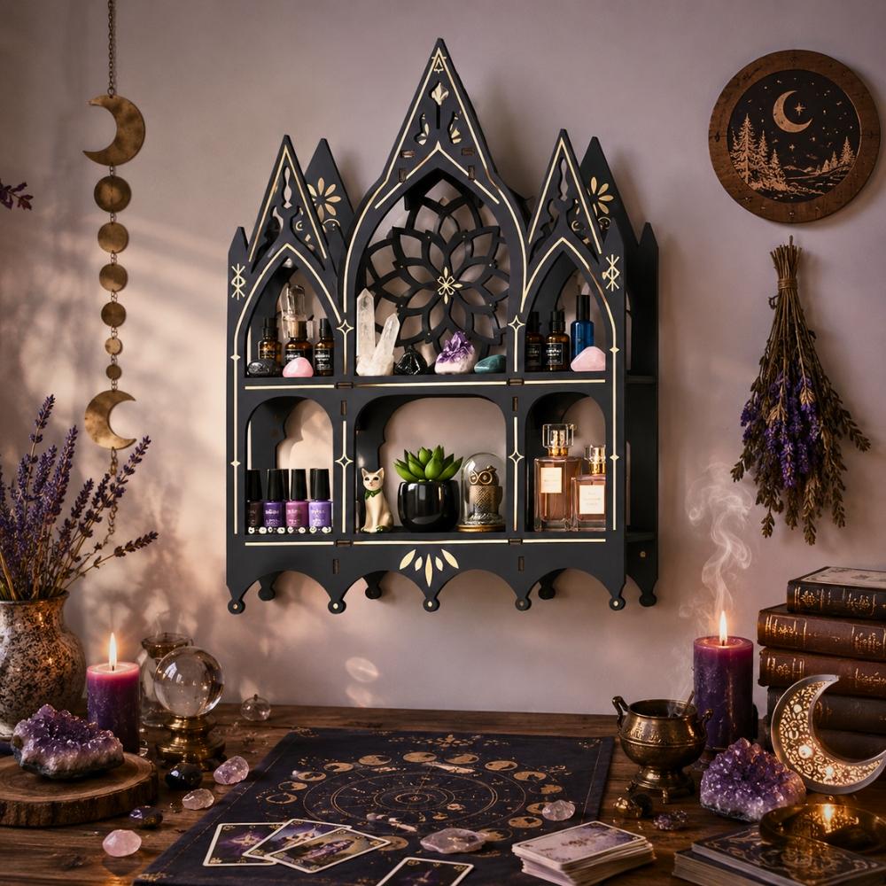 Gothic Church Crystal Display Shelf – Floating Wooden Wall Shelf for Crystals-MoonChildWorld
