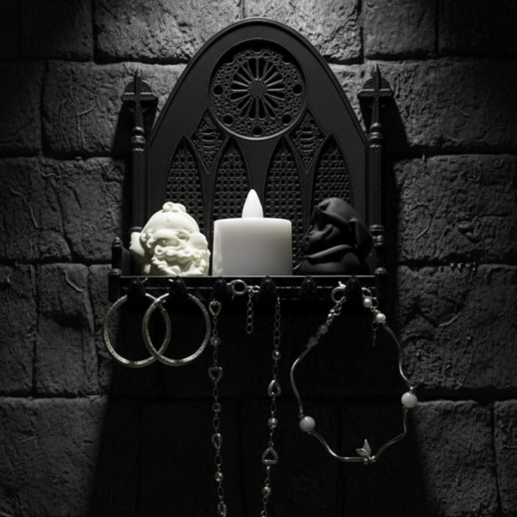 Gothic church triple arch wall shelf – displayed on dark gothic stone wall, Wiccan Pagan altar space staging