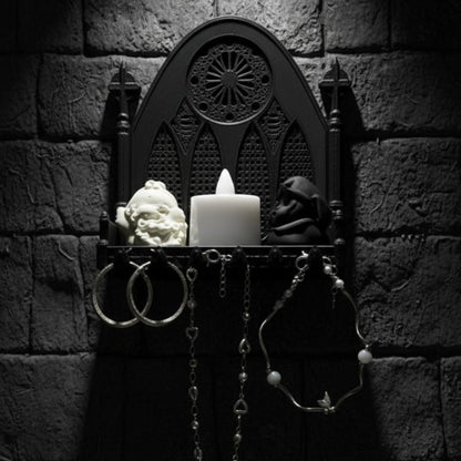 Gothic church triple arch wall shelf – displayed on dark gothic stone wall, Wiccan Pagan altar space staging