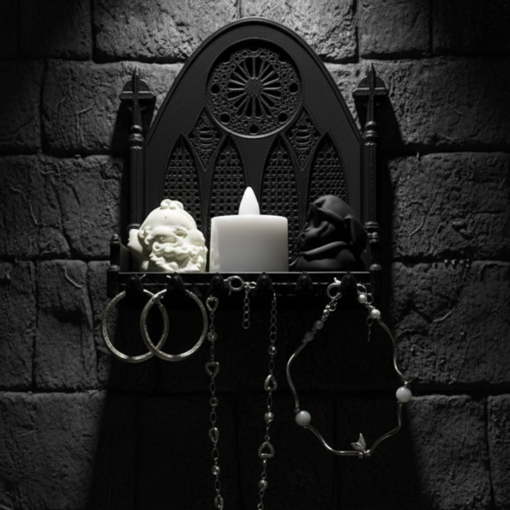 Gothic church triple arch wall shelf – displayed on dark gothic stone wall, Wiccan Pagan altar space staging