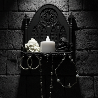 Gothic church triple arch wall shelf – displayed on dark gothic stone wall, Wiccan Pagan altar space staging