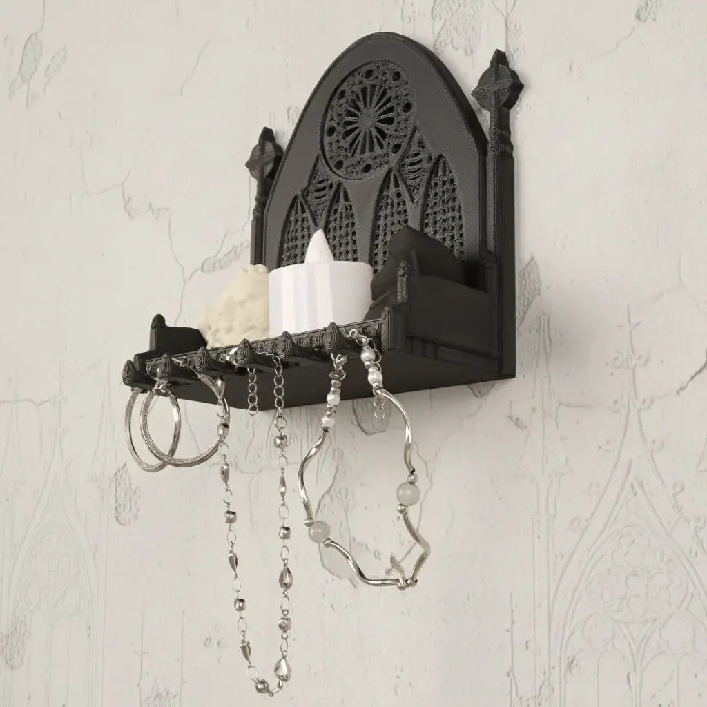 Black gothic cathedral triple arch shelf wall-mounted – Wiccan crystal ritual tool storage display