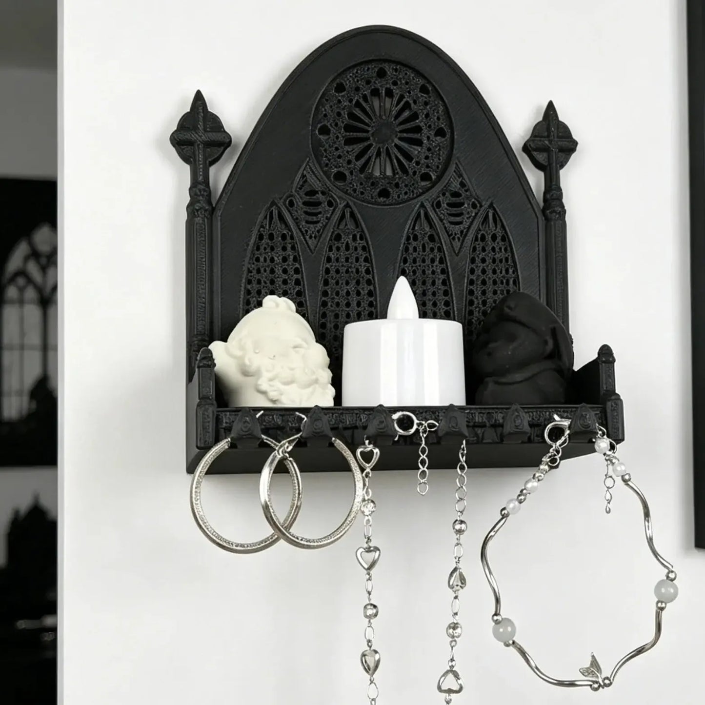 Gothic church triple arch wall shelf matte black – crystal and jewelry storage Wiccan Pagan altar display