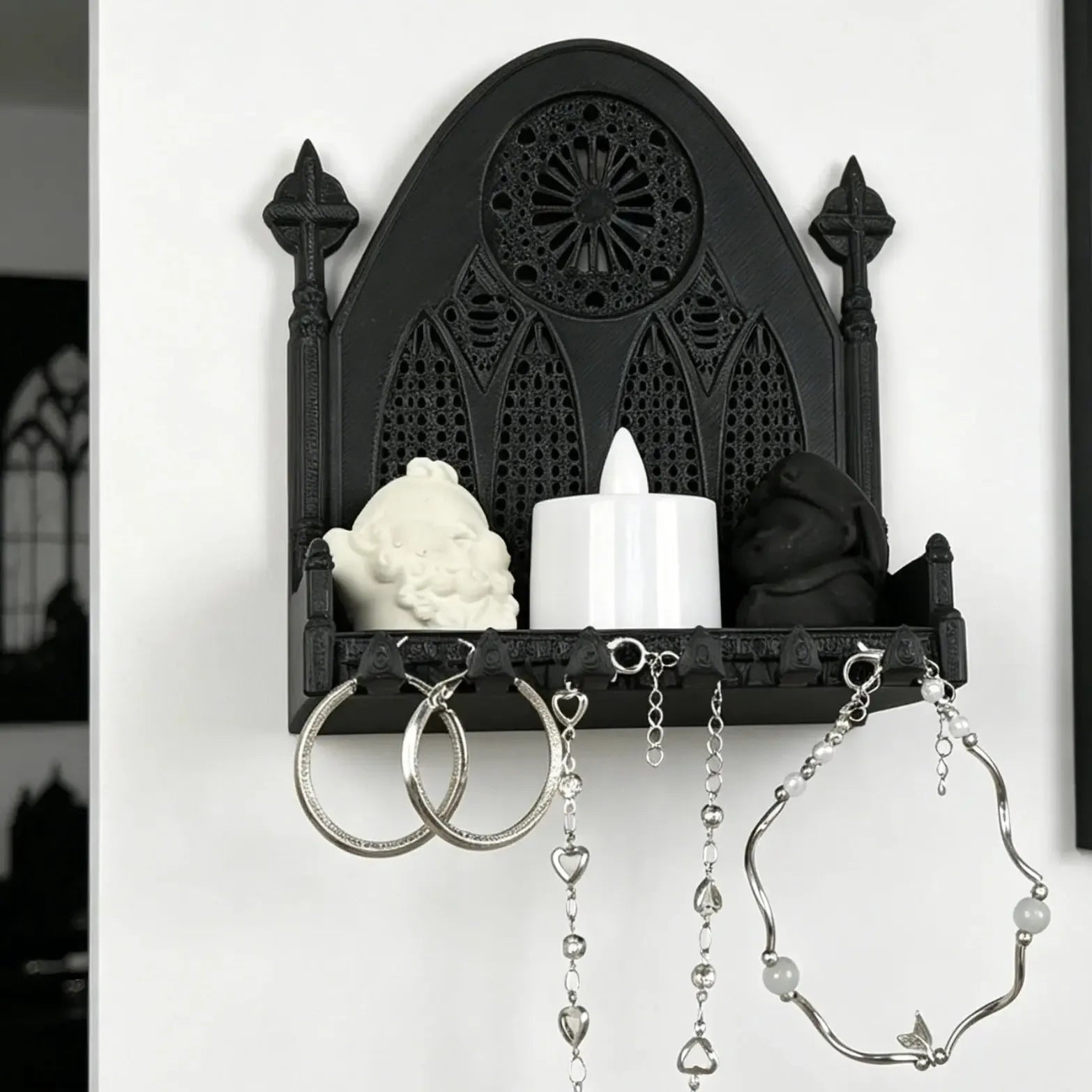 Gothic church triple arch wall shelf matte black – crystal and jewelry storage Wiccan Pagan altar display