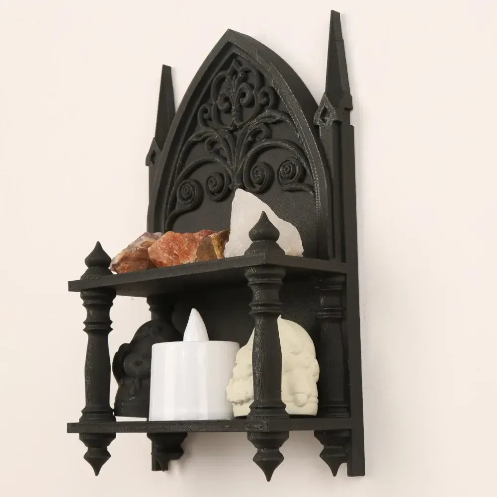 Black gothic cathedral wall shelf two tiers – witchy crystal storage and altar display