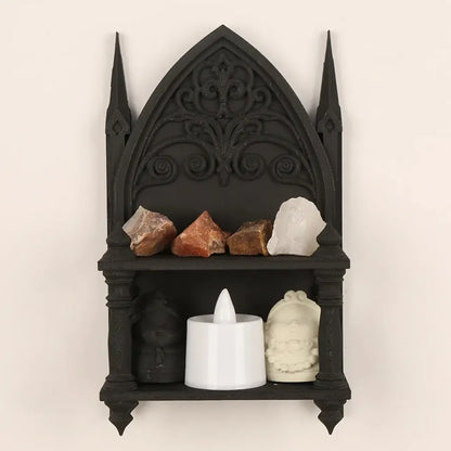 Gothic church arch wall shelf displaying crystals – Pagan home decor and ritual tool storage