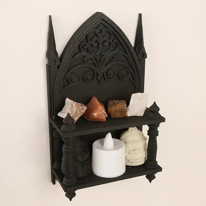 Wall-mounted gothic church shelf for tarot cards and candles – witchy bedroom decor
